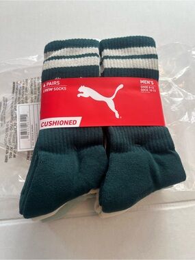 Puma Men's Cushioned Crew Socks in Dark Green with White Stripes (6 Pairs)
